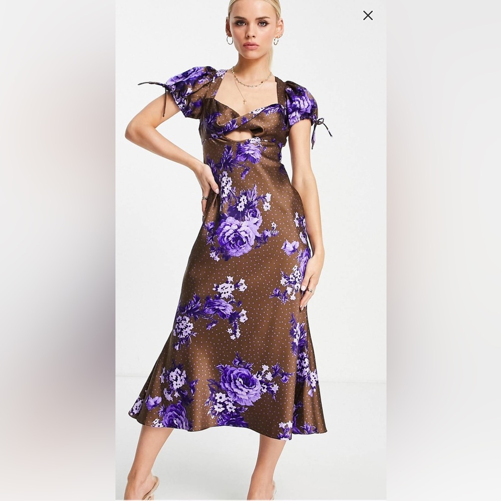 NWT ASOS Design Brown/Purple Satin Floral Polka Dot Cutout Midi Dress